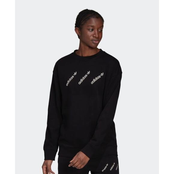 Adidas Womens Black White Crew Long Sleeve Pullover Sweatshirt Medium NWT - Picture 1 of 11